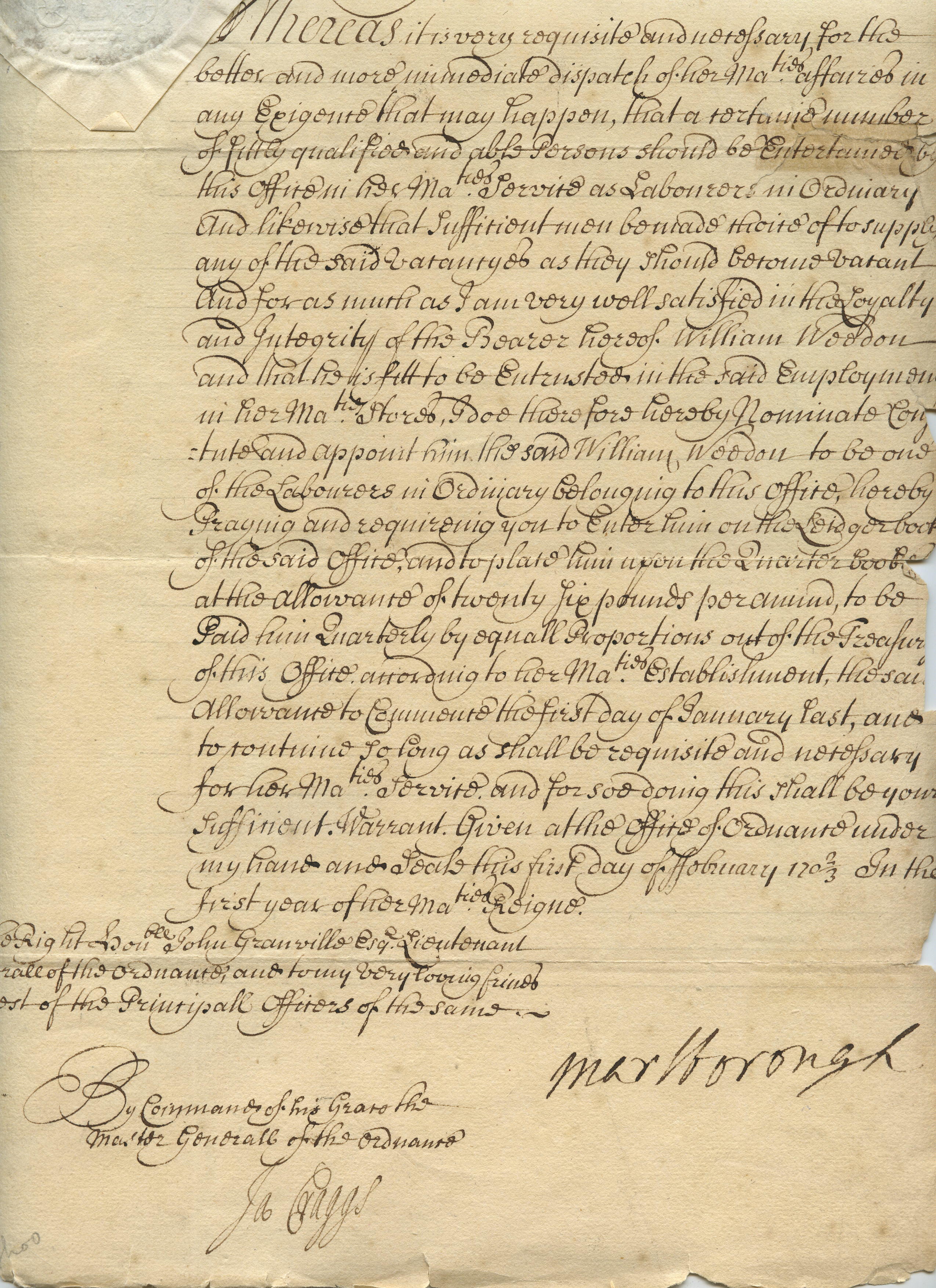 John Churchill, 1st Duke of Marlborough, manuscript document signed